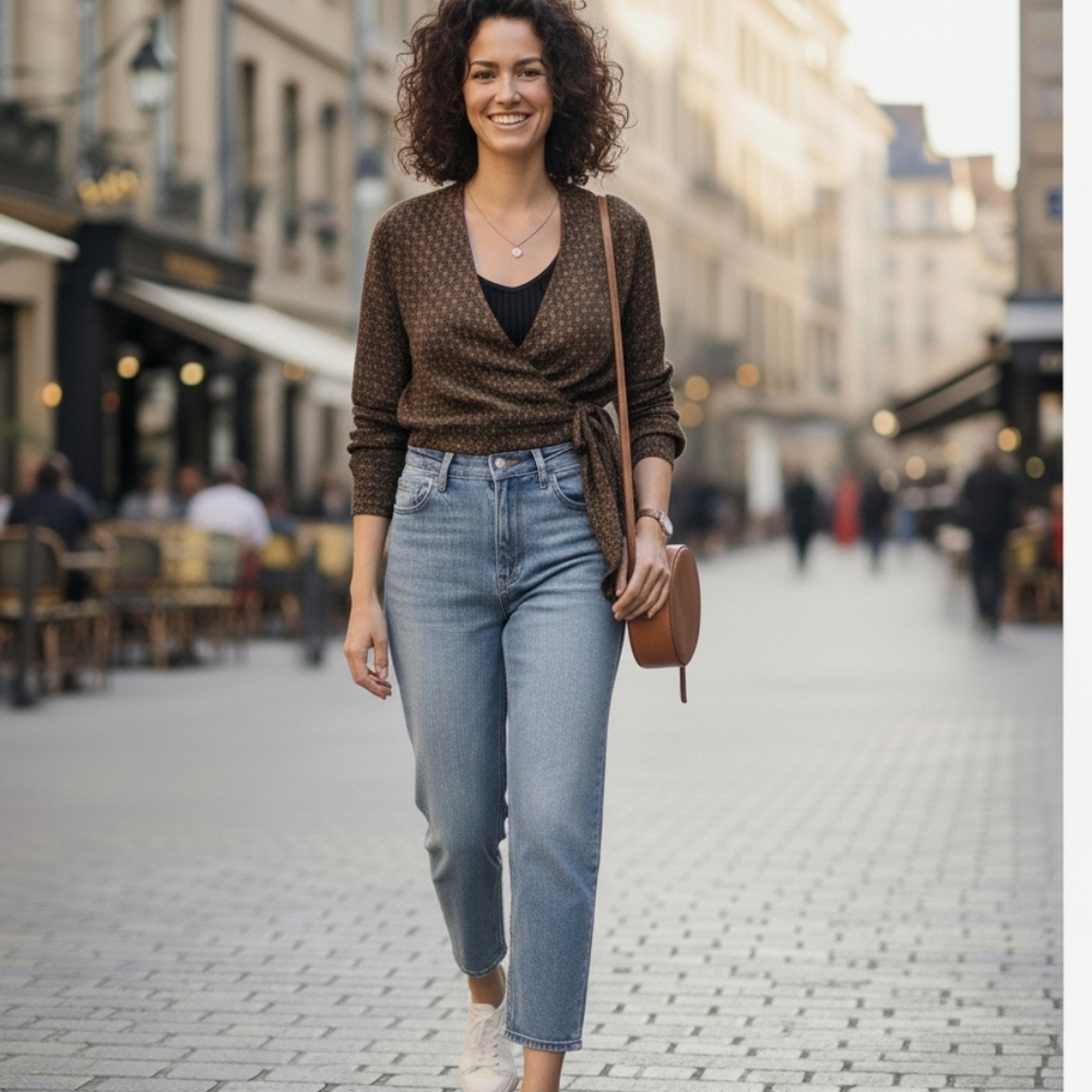 Brown Patterned Wrap Blouse